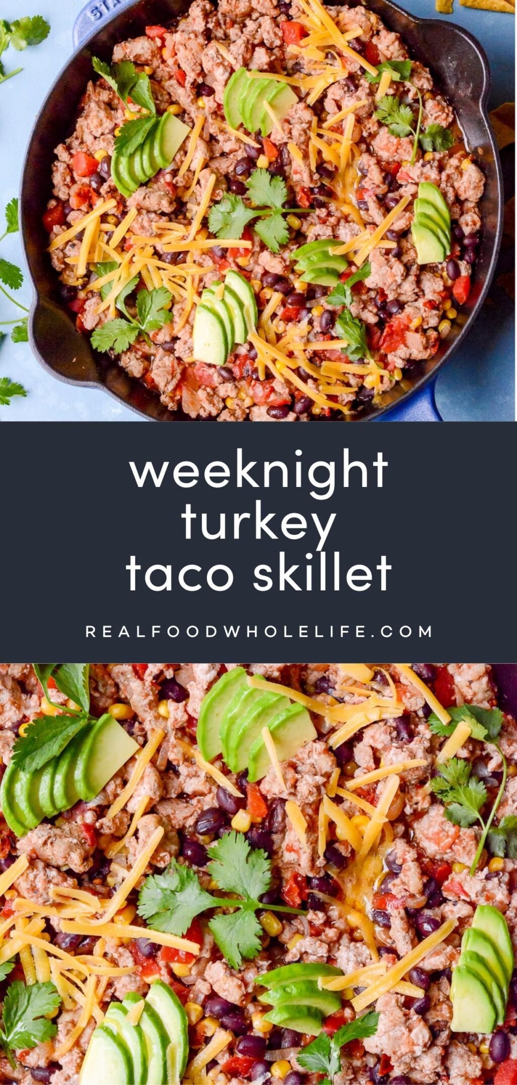 two image collage of a turkey taco skillet with navy background and light pink text