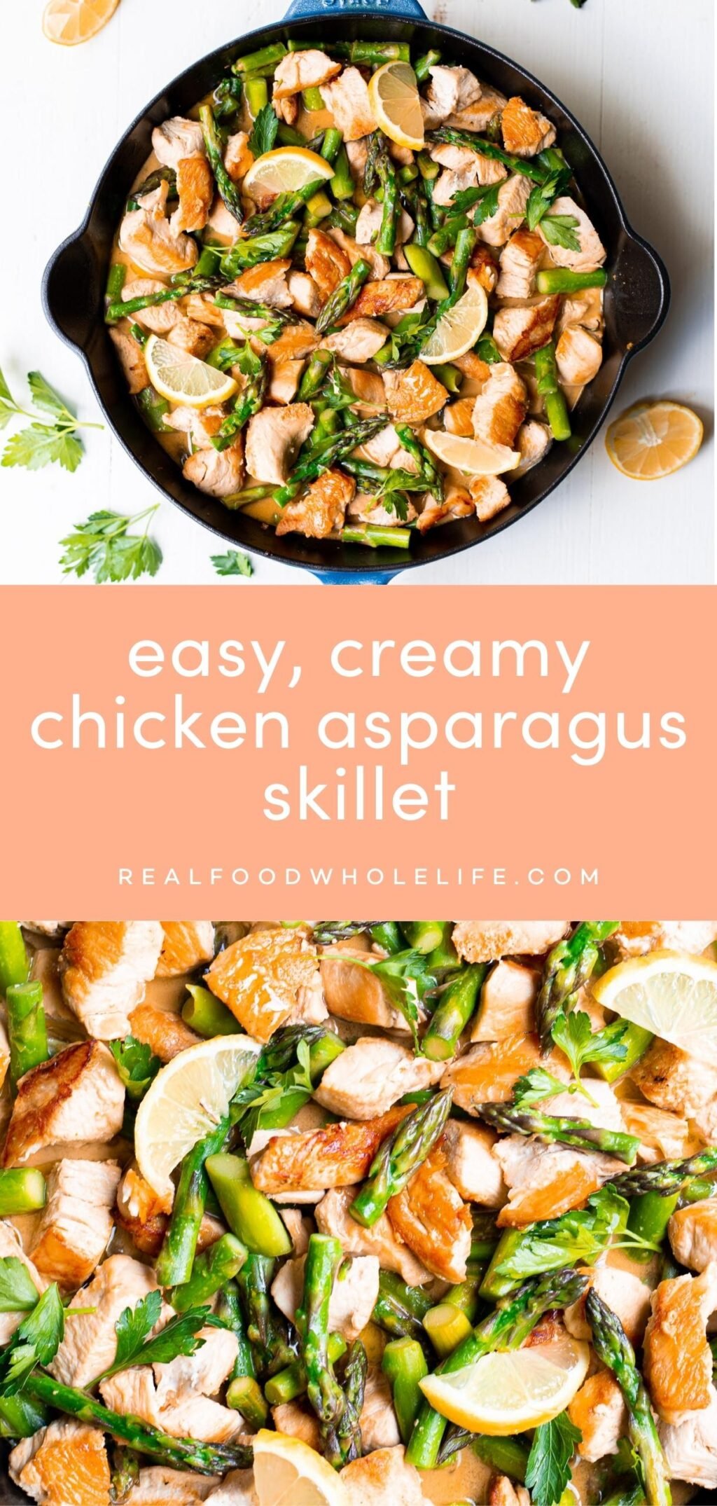 Two images of a chicken asparagus skillet dinner with an orange background and white text.