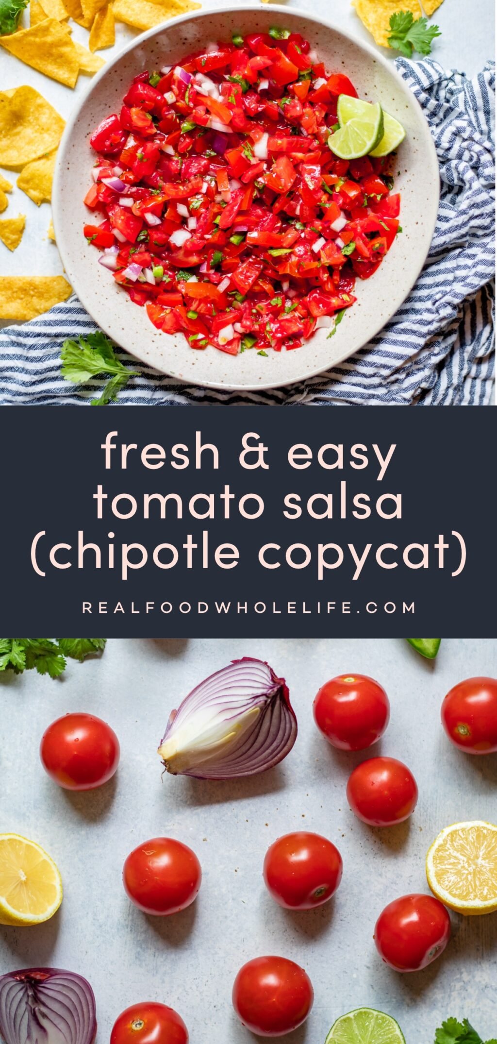 Two images of fresh tomato salsa with corn chips on the side, and a navy blue background with pink text.