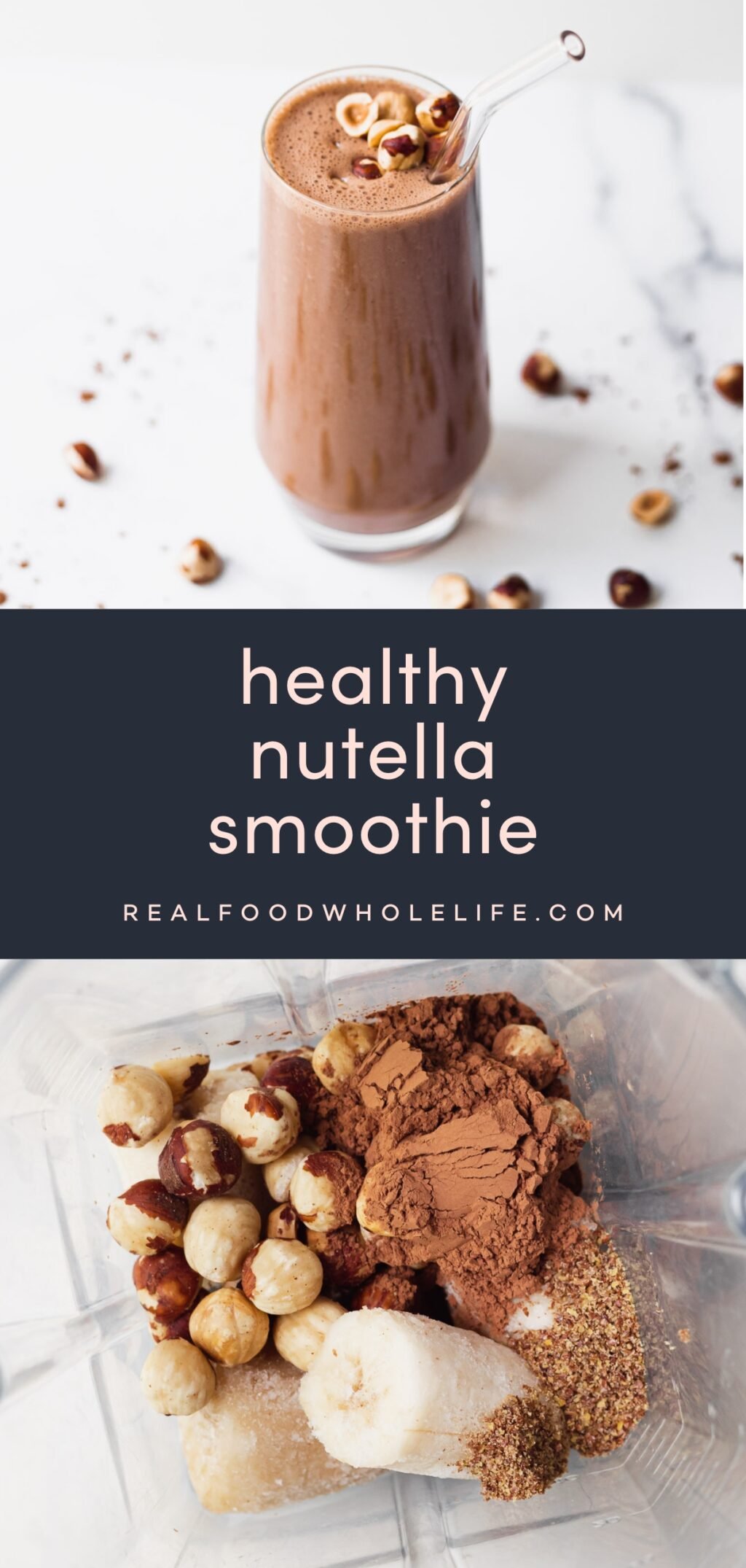 Two images of a nutella smoothie with a navy background in the center, with pink text.
