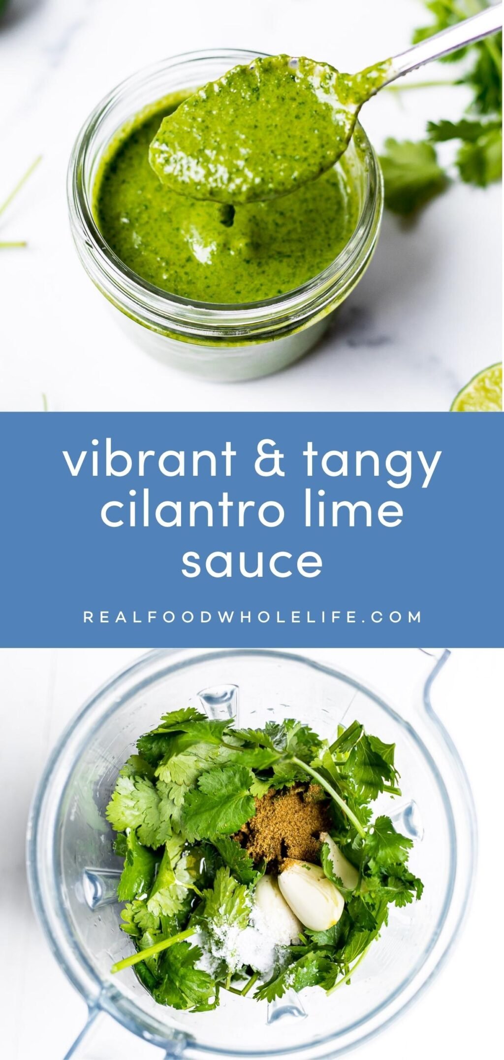 Two images of cilantro lime sauce with a blue background and white text.