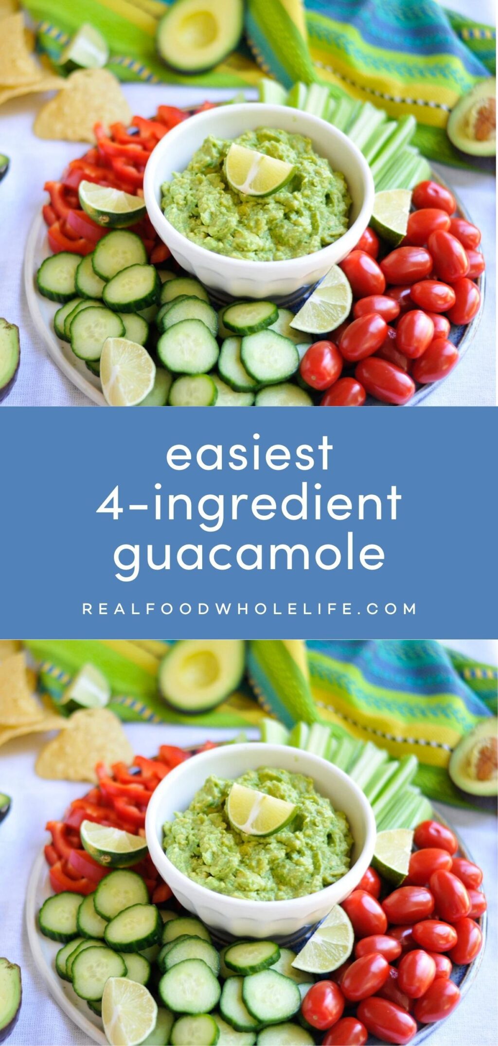 Two images of easiest 4 ingredient guacamole with a blue background and white text.