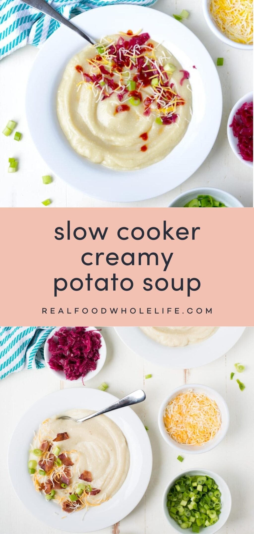 Two images of slow cooker creamy potato soup with a pink background and navy text.