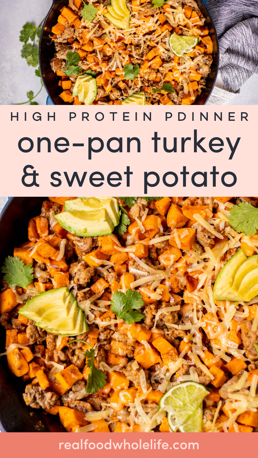 A skillet filled with cooked ground turkey, sweet potatoes, melted cheese, avocado slices, and cilantro.