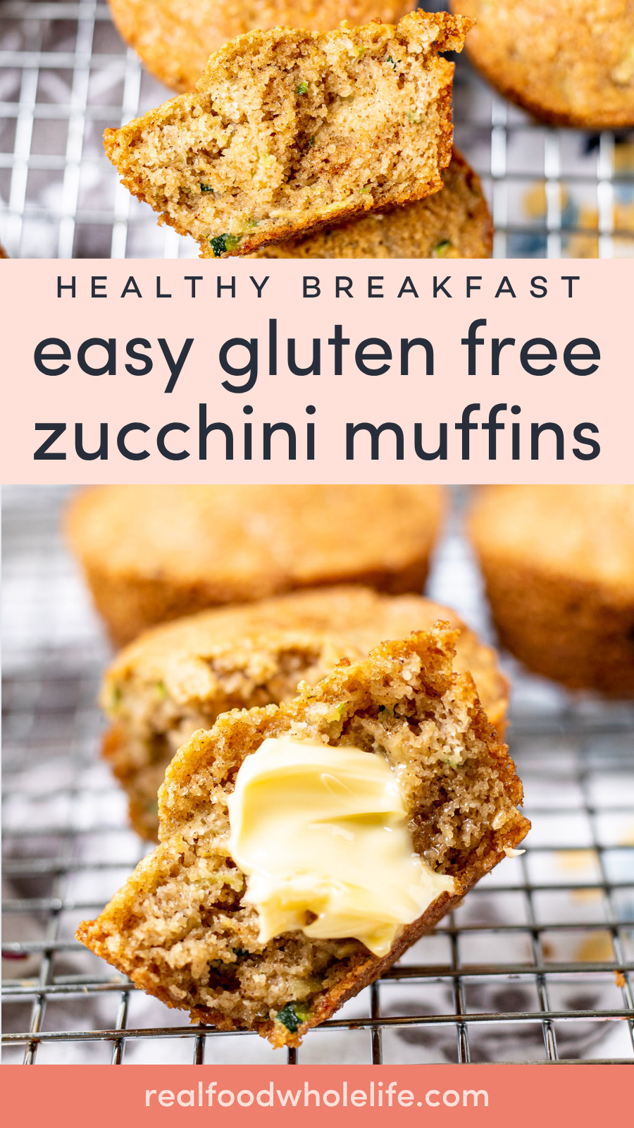 Close-up of gluten-free zucchini muffins on a cooling rack, one muffin split open with a pat of butter melting inside.