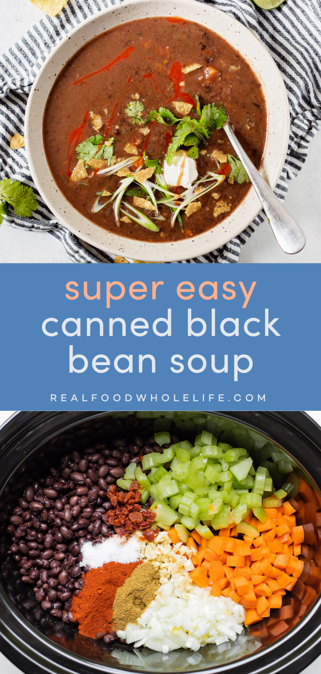 Two image collage with the text "super easy canned black bean soup" in the center on a blue background.