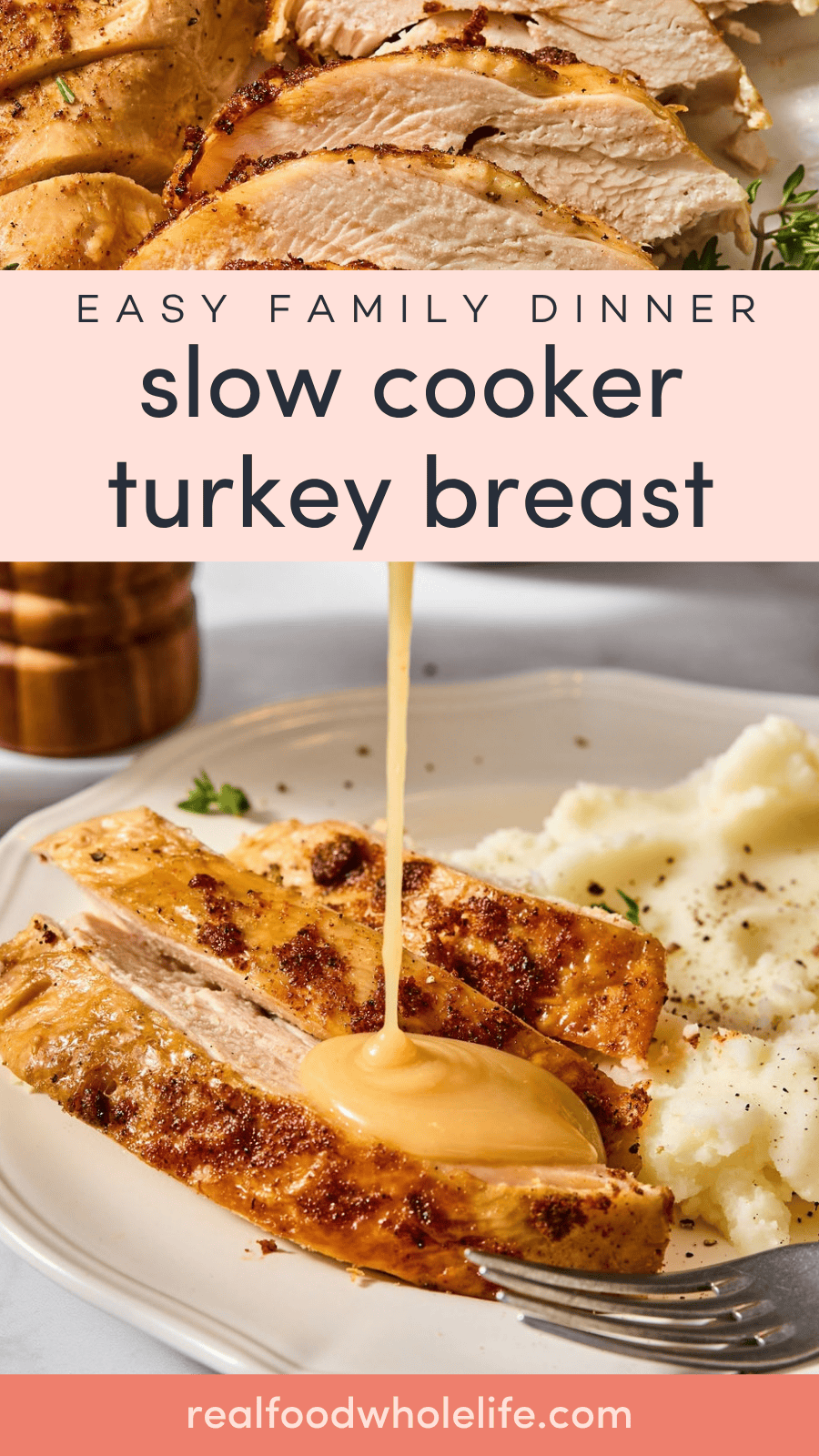 Sliced turkey breast being drizzled with gravy next to mashed potatoes.