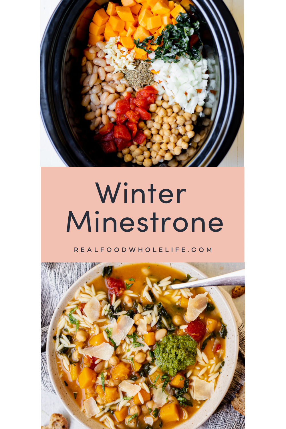 Two images of minestrone soup.
