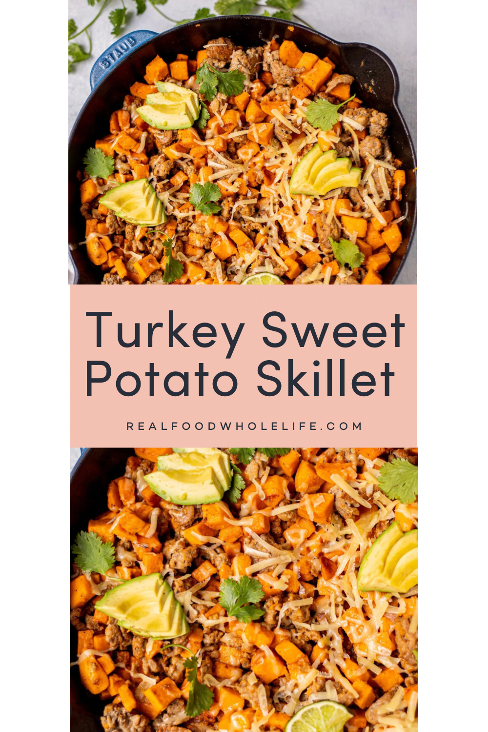 Two images of turkey sweet potato skillet.