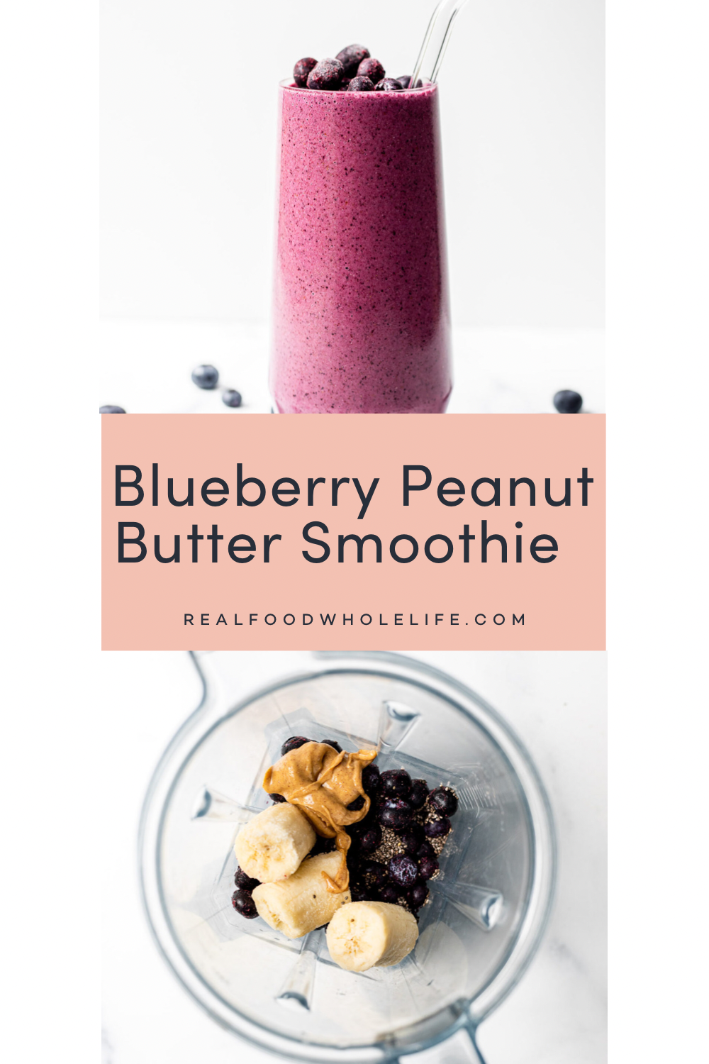 Two images of a blueberry peanut butter smoothie.