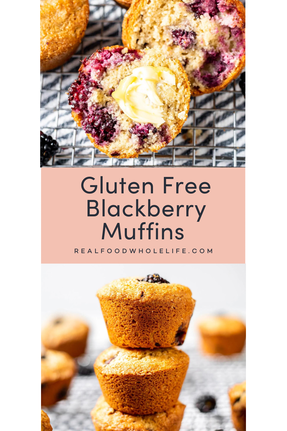 Two images of gluten free blackberry muffins.