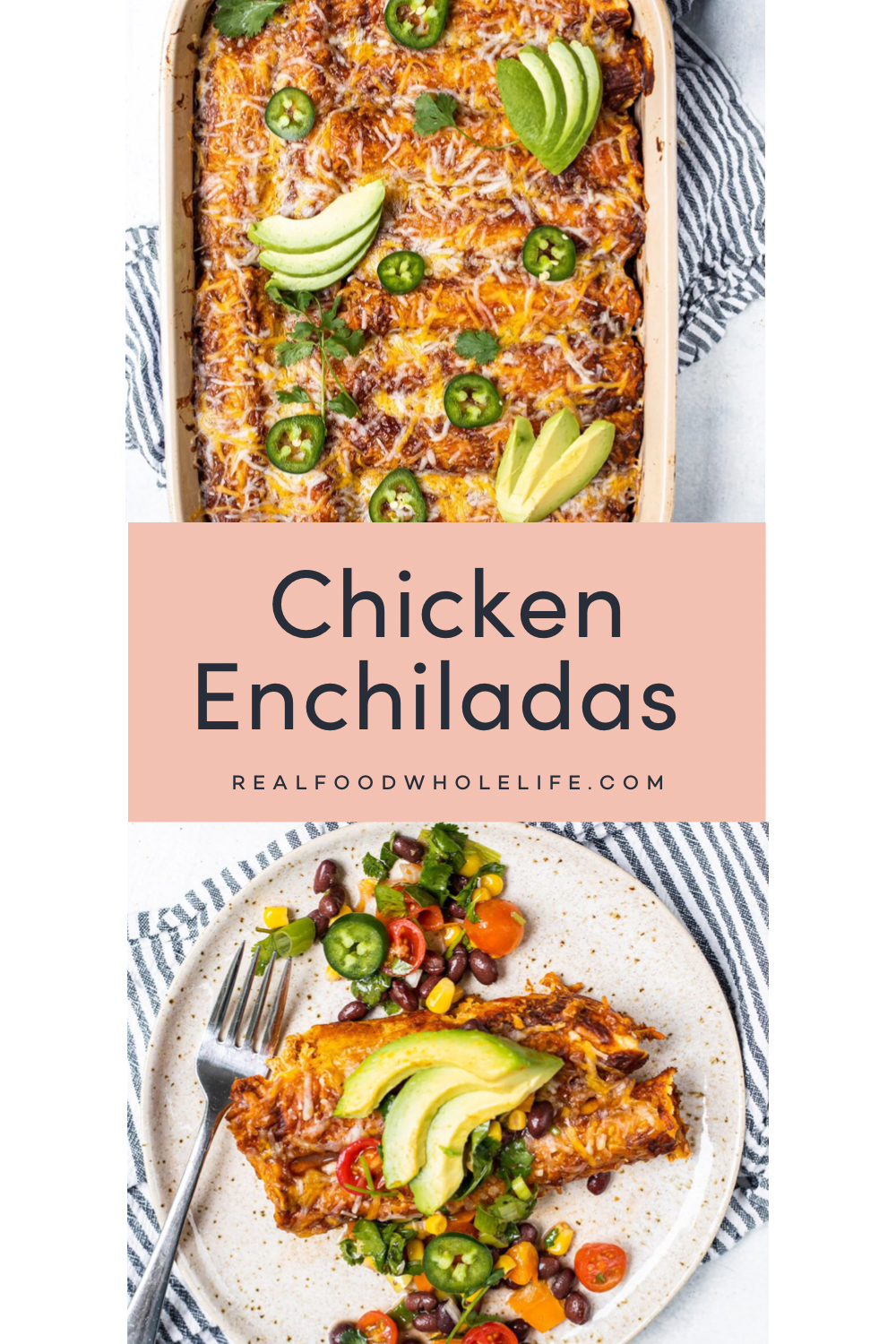 Two images of chicken enchiladas.