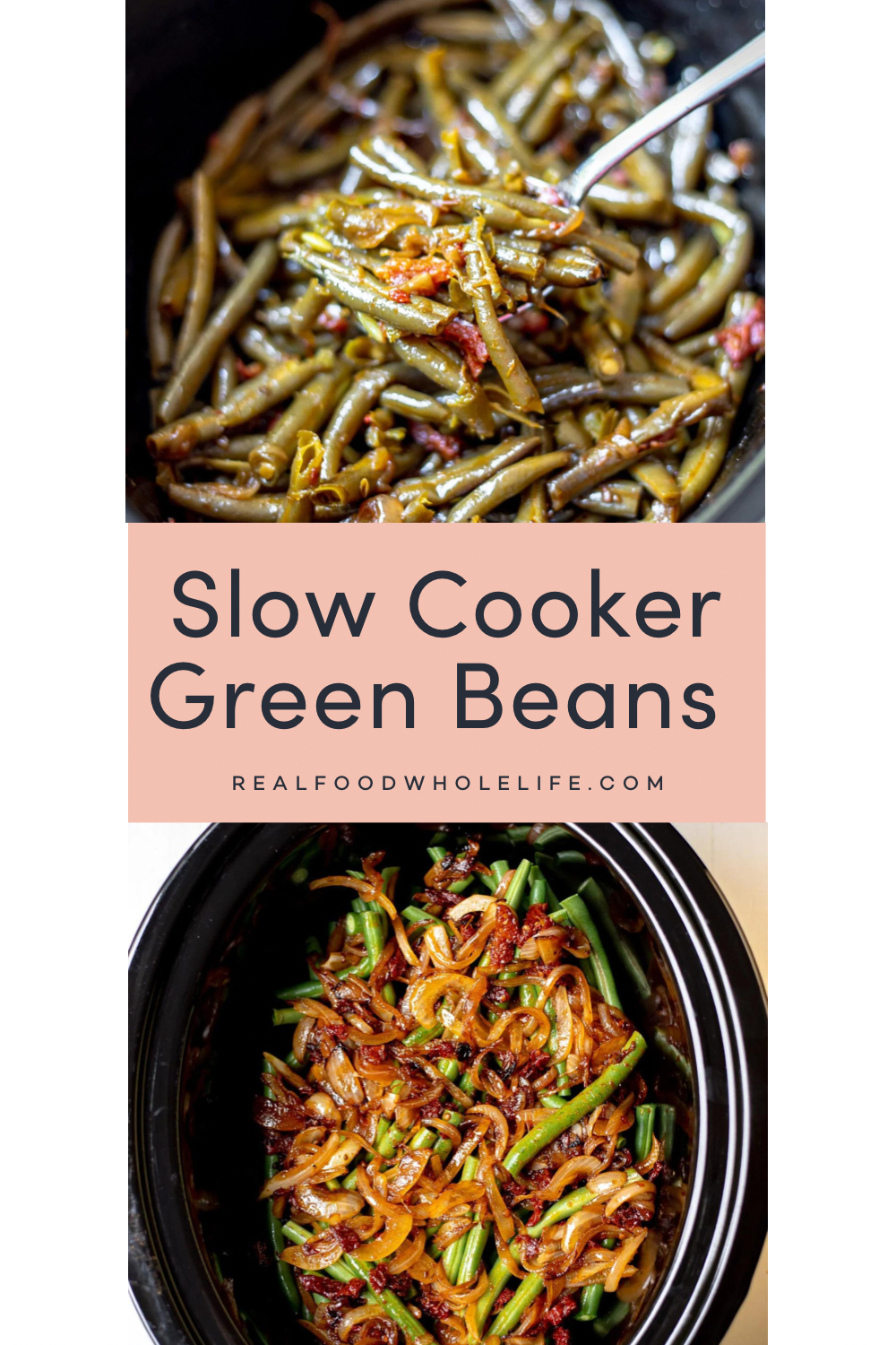 Two images of slow cooker green beans.