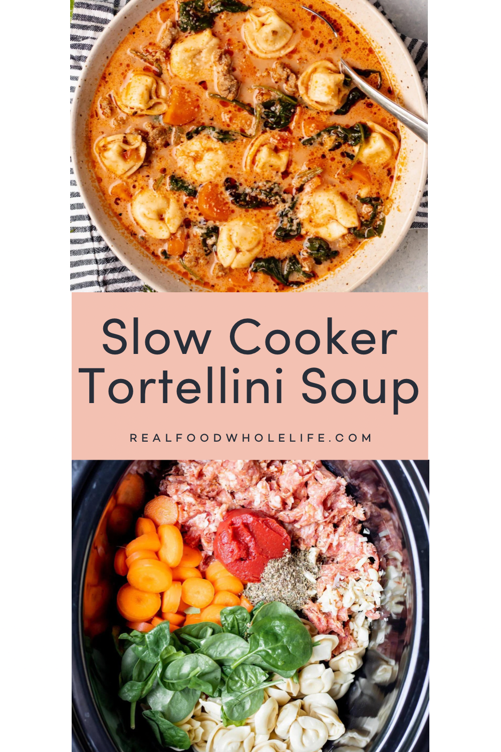 Two images of slow cooker tortellini soup.