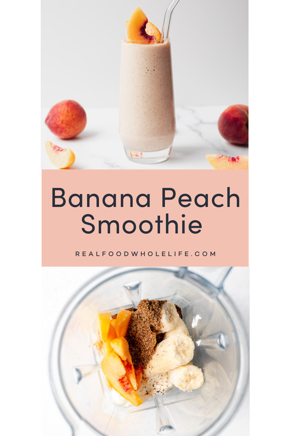 Two images of banana peach smoothie.