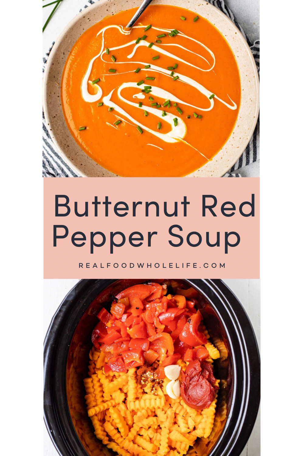 Two images of butternut squash red pepper soup.