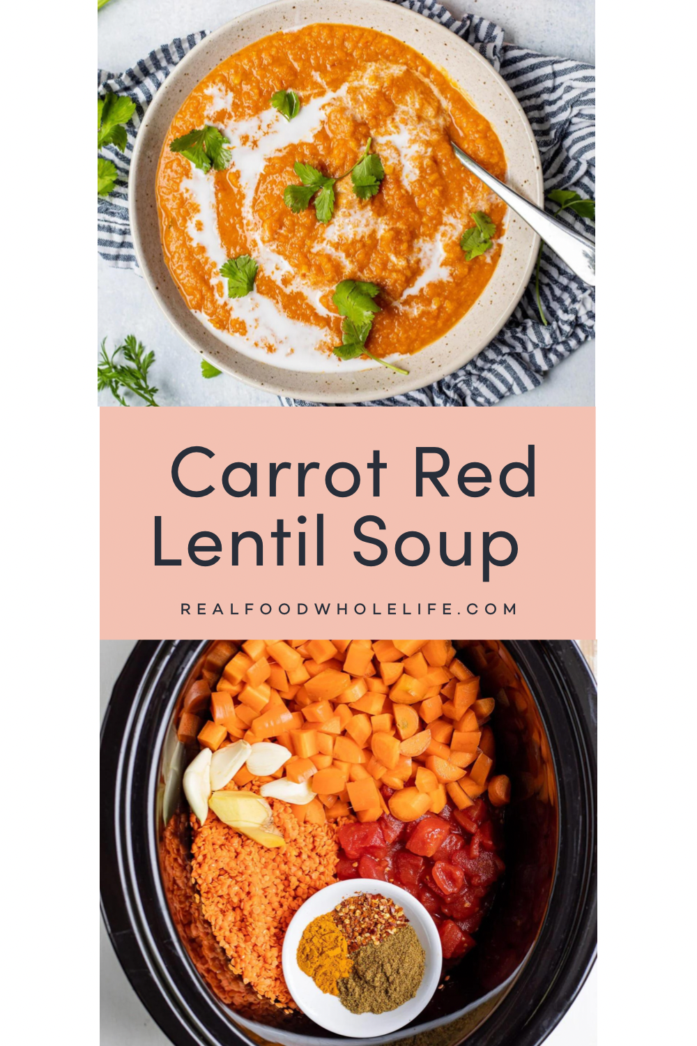 Two images of carrot red lentil soup.