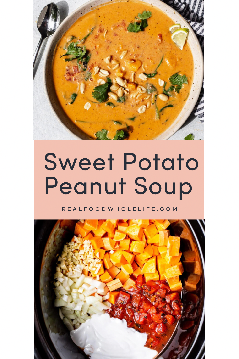 Two images of sweet potato peanut soup.
