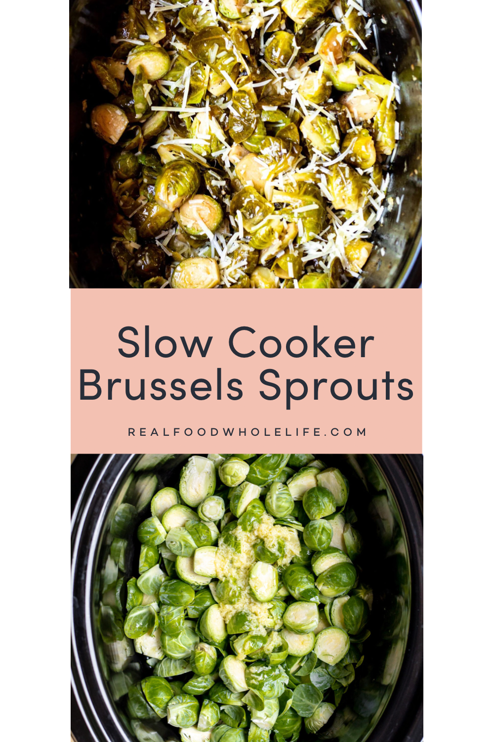 Two images of slow cooker Brussels sprouts.