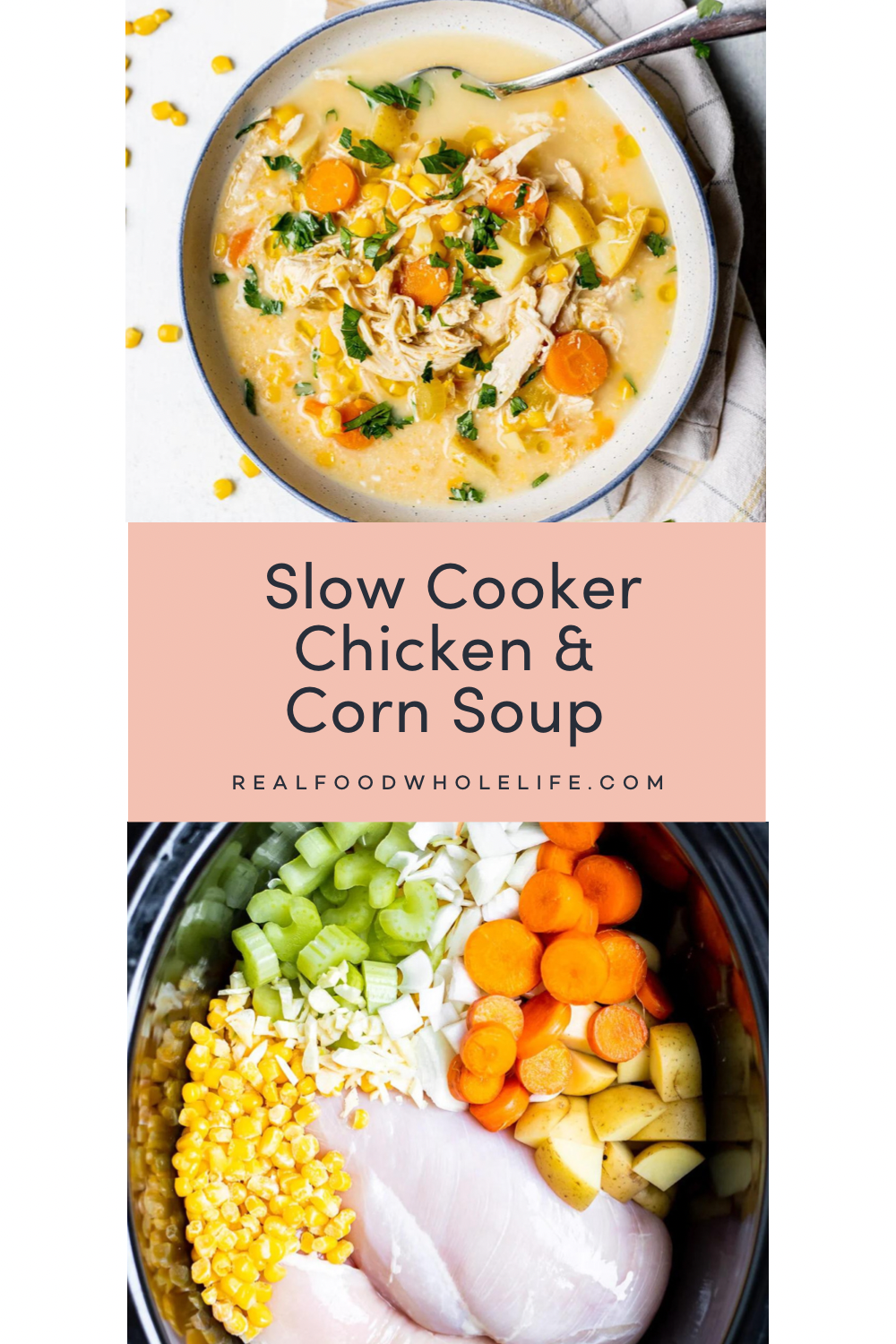 Two images of slow cooker chicken and corn soup.