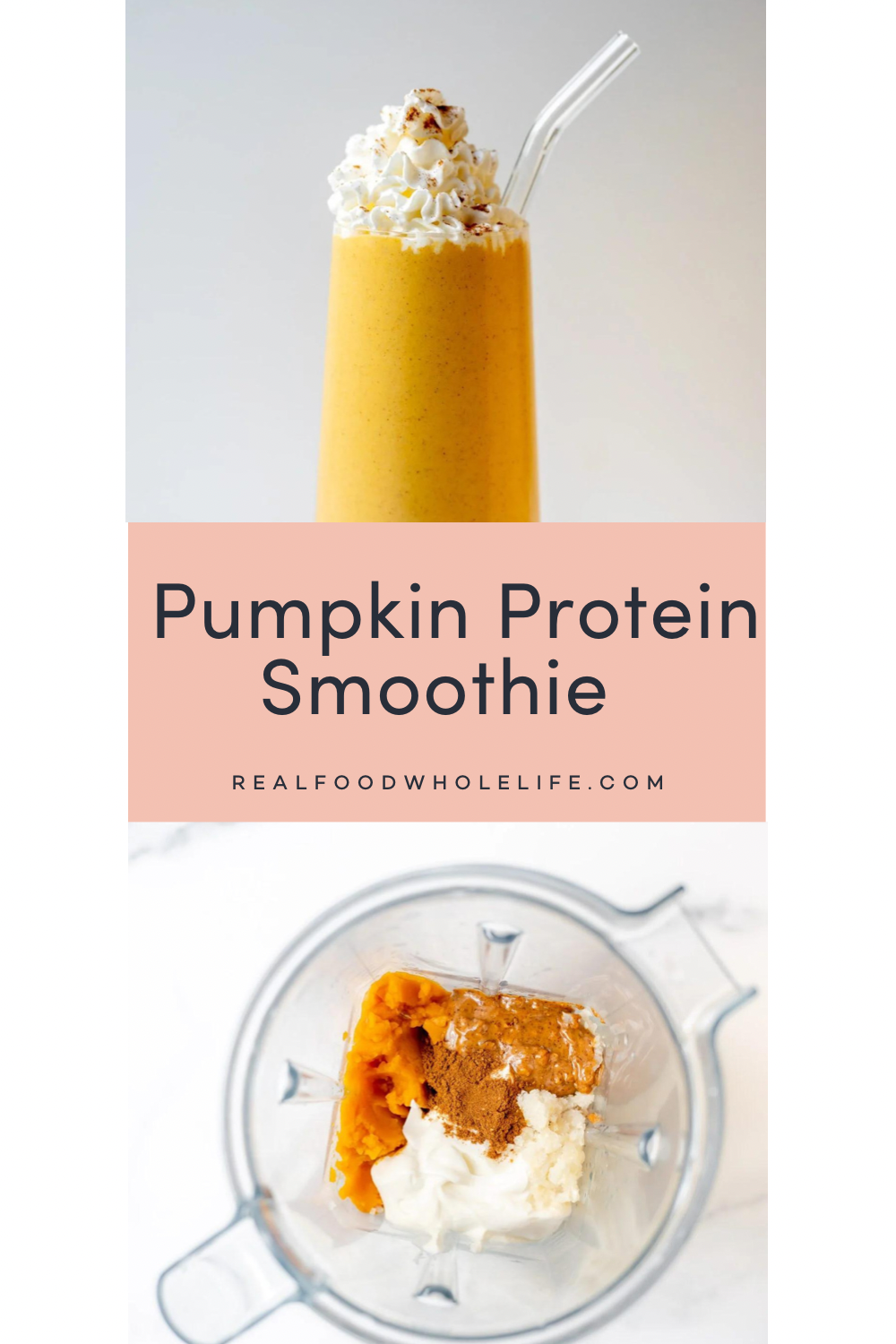 Two images of a pumpkin protein smoothie.