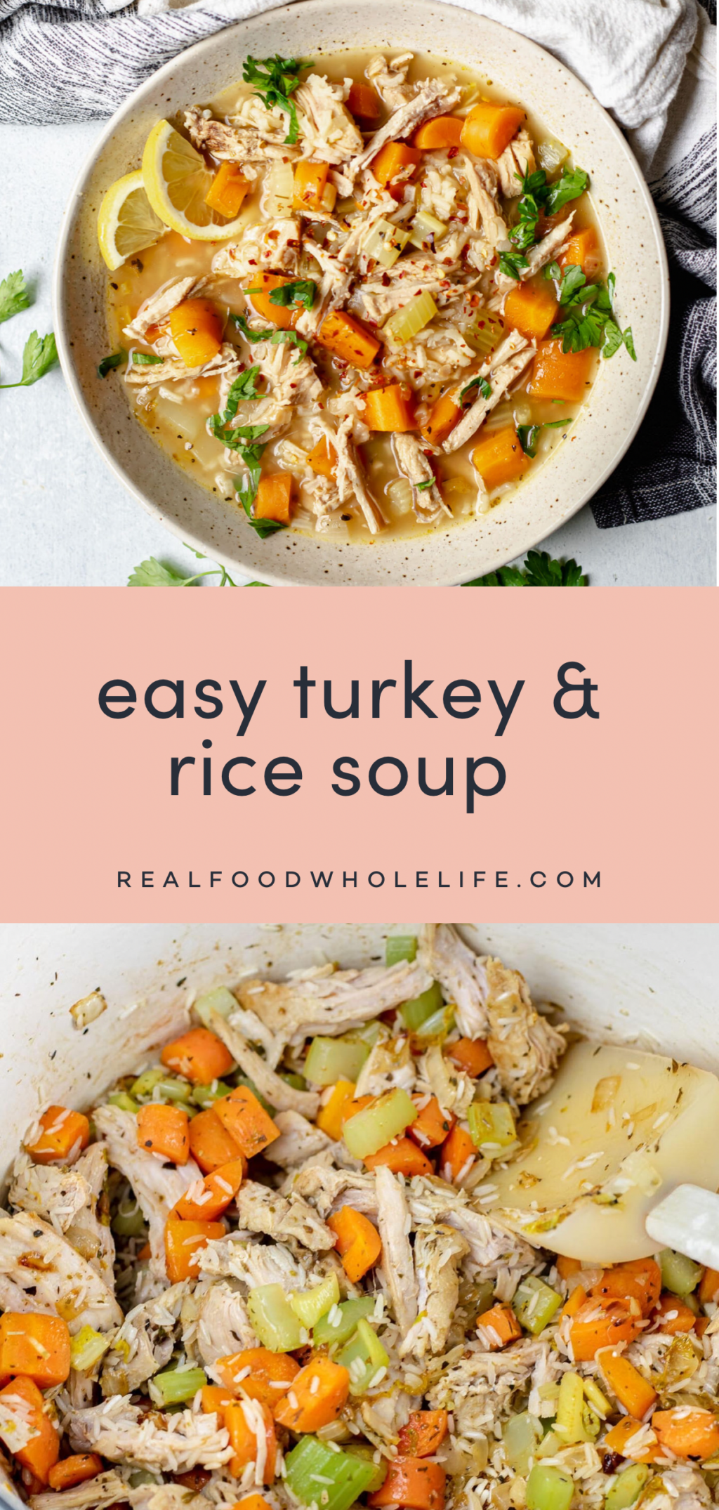 Two images of turkey rice soup.