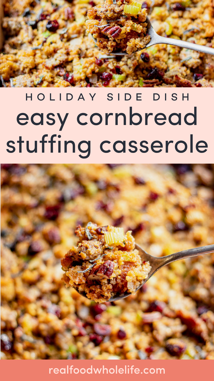 Close-up of a spoonful of cornbread stuffing casserole with visible cranberries and celery.