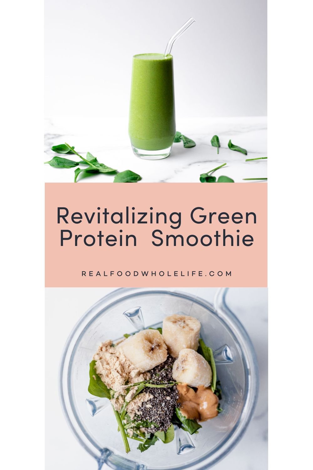 A green smoothie and overhead shot of blender with smoothie ingredients.