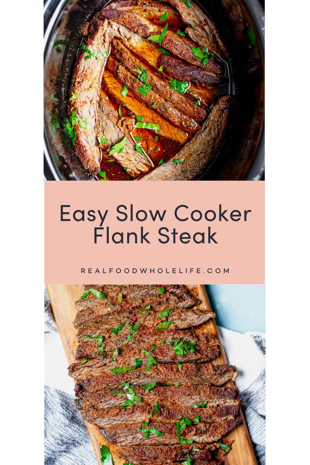 Two images of slow cooker flank steak.