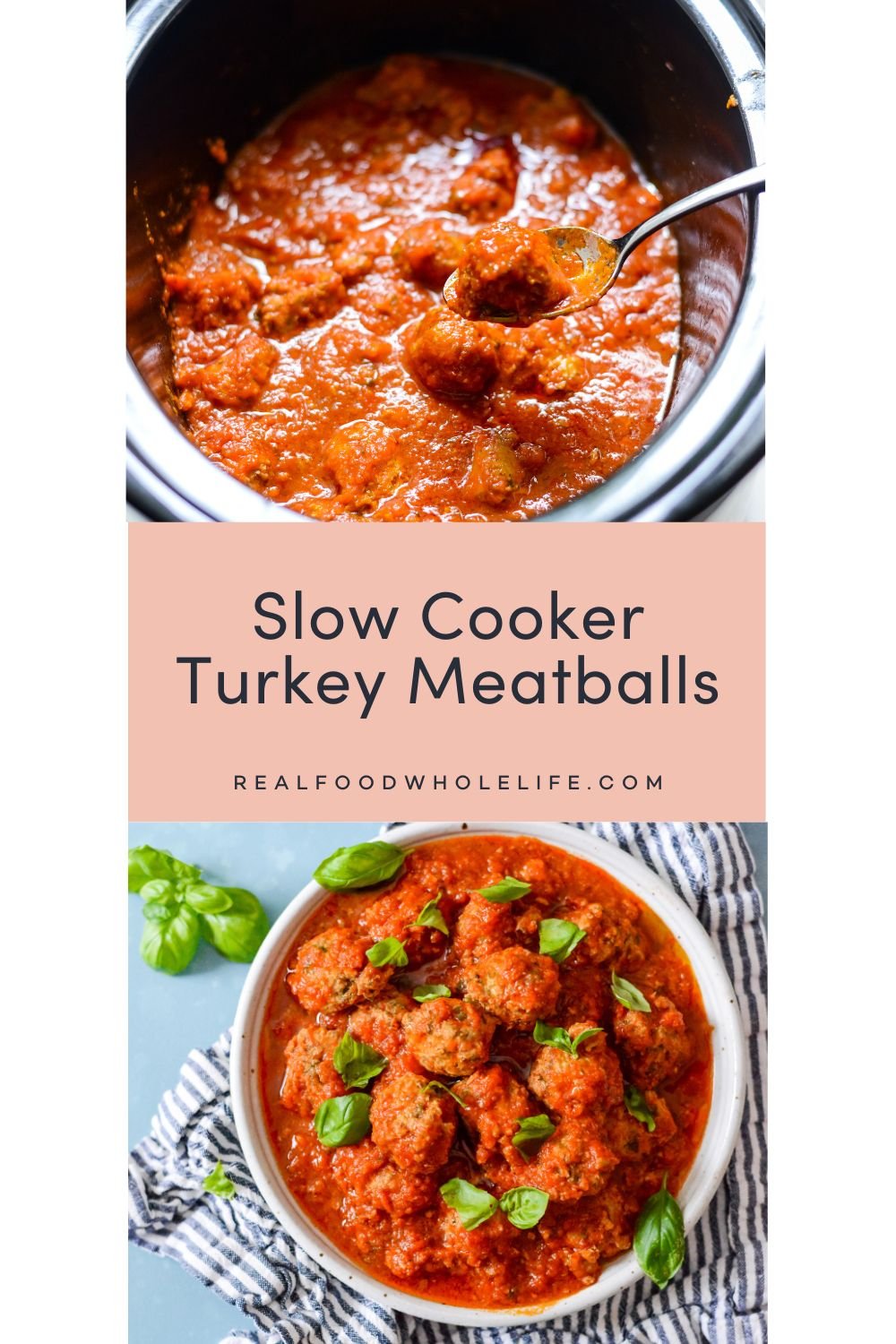 Two images of slow cooker turkey meatballs.