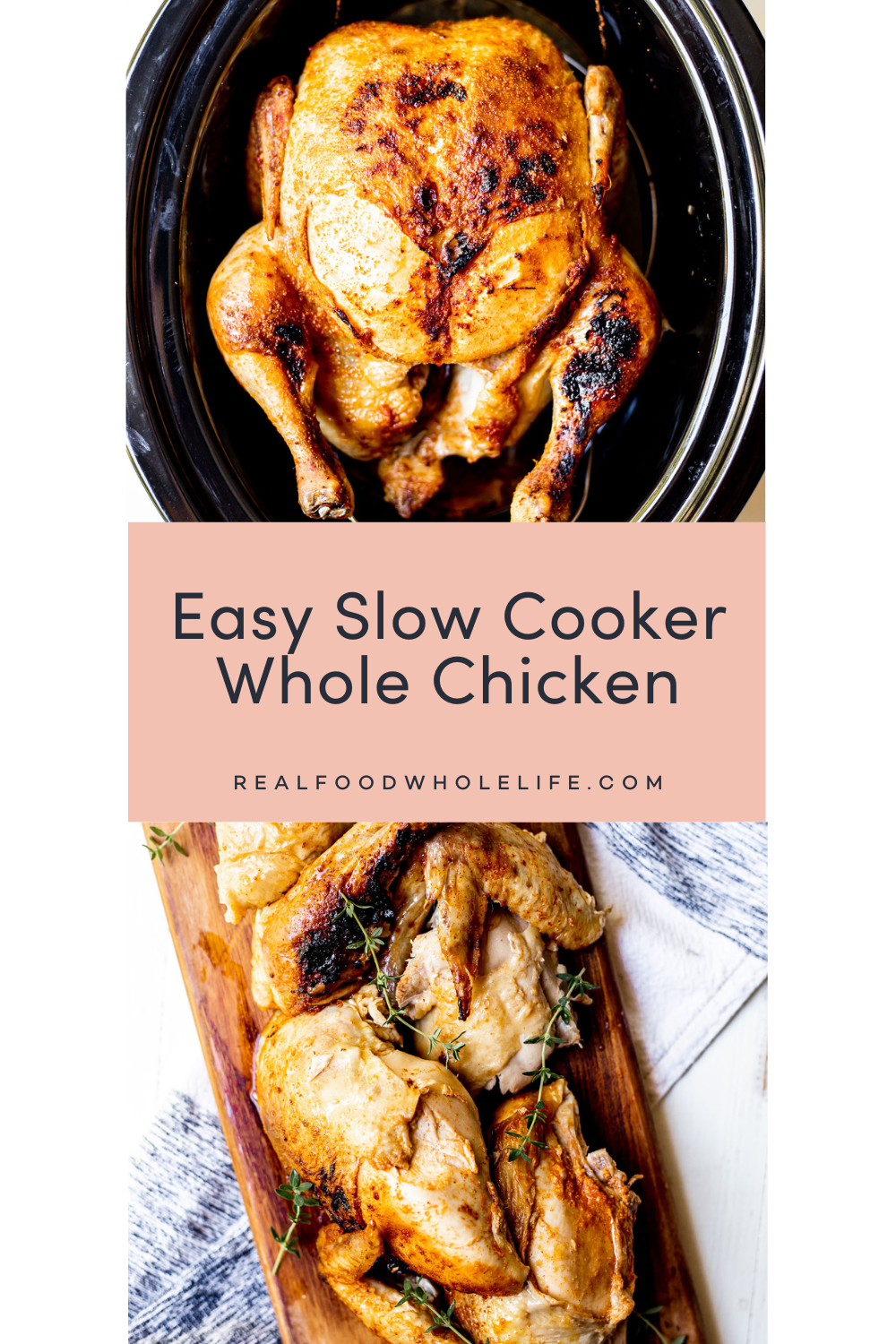 Two images of whole chicken in a slow cooker.