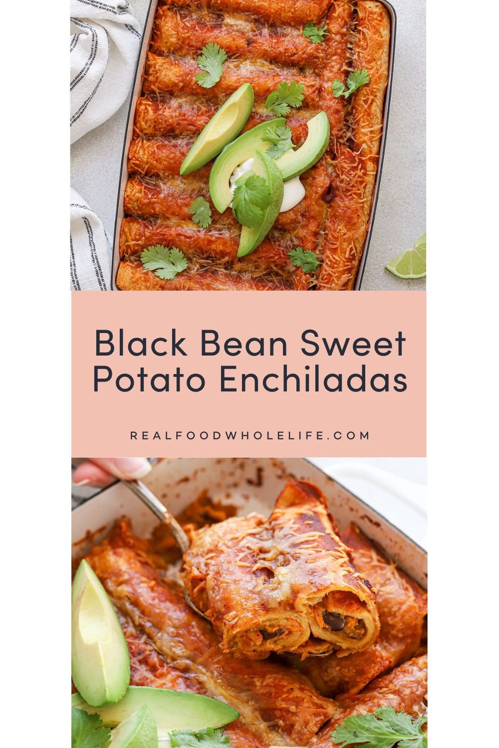 Two images of sweet potato black bean enchiladas.