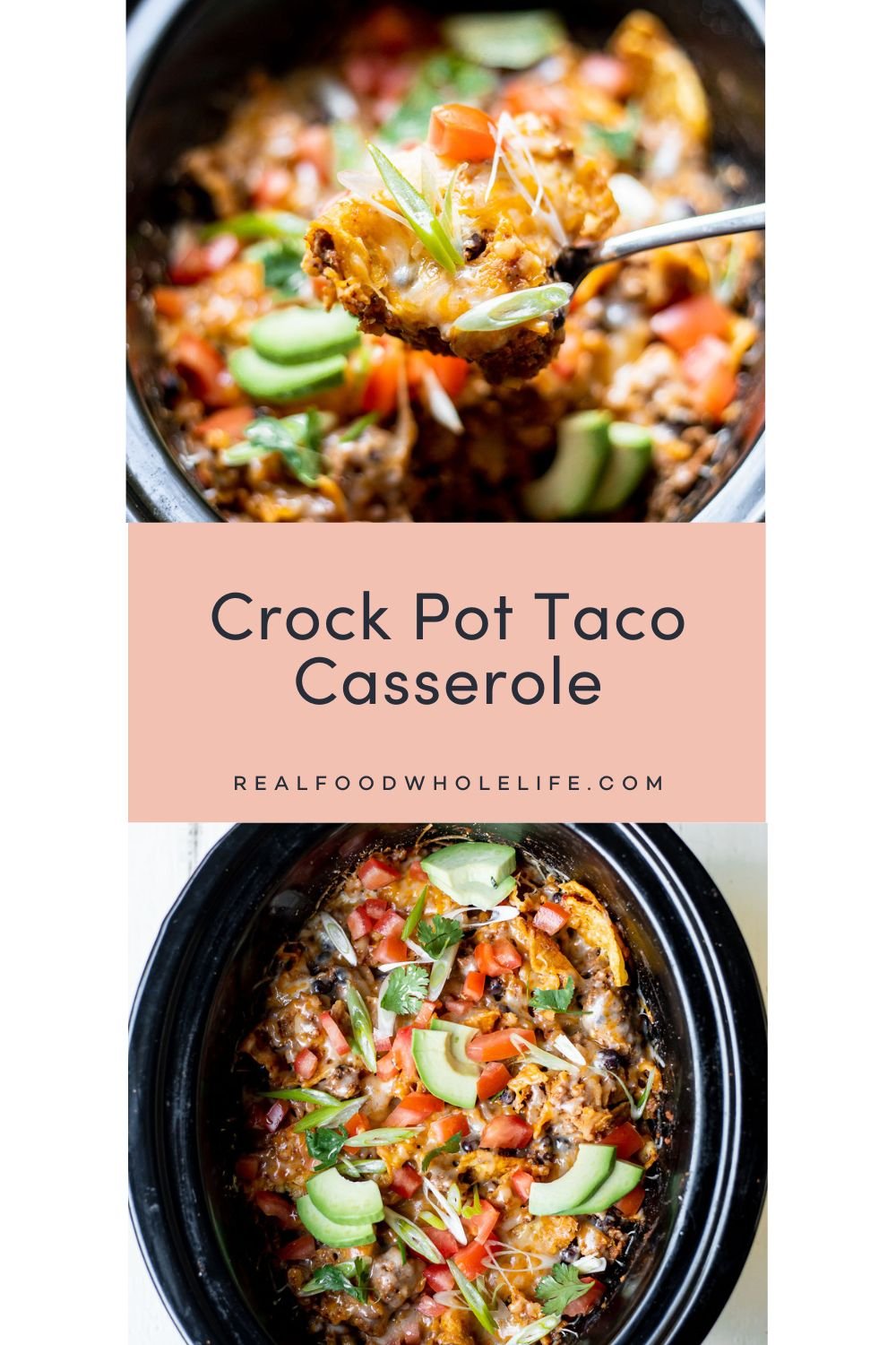 Two images of taco casserole in a slow cooker.