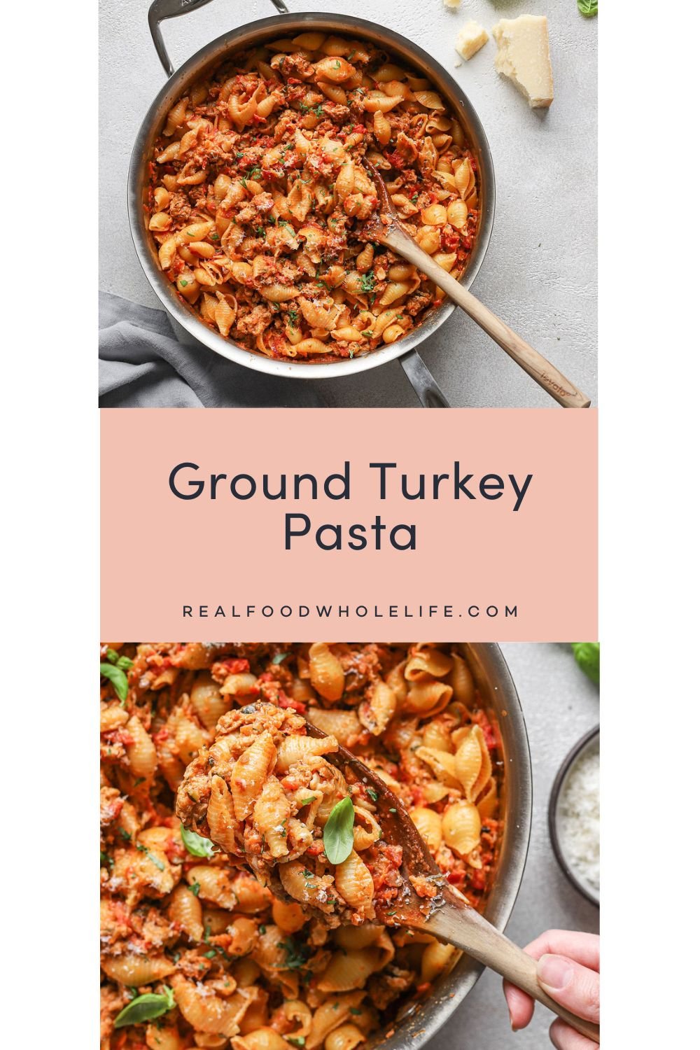 Two images of ground turkey pasta in a pan.