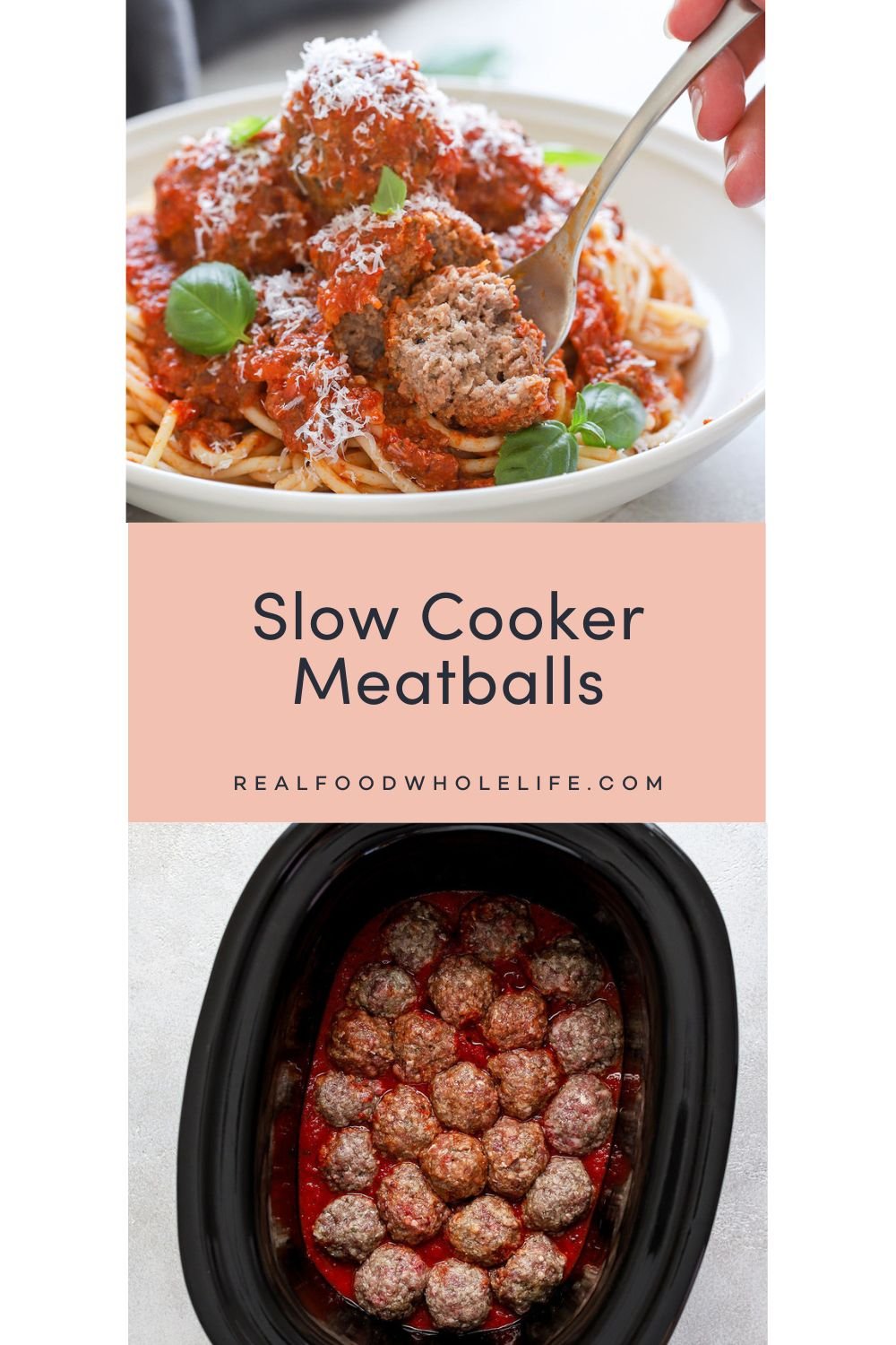 Two images of meatballs in marinara sauce.
