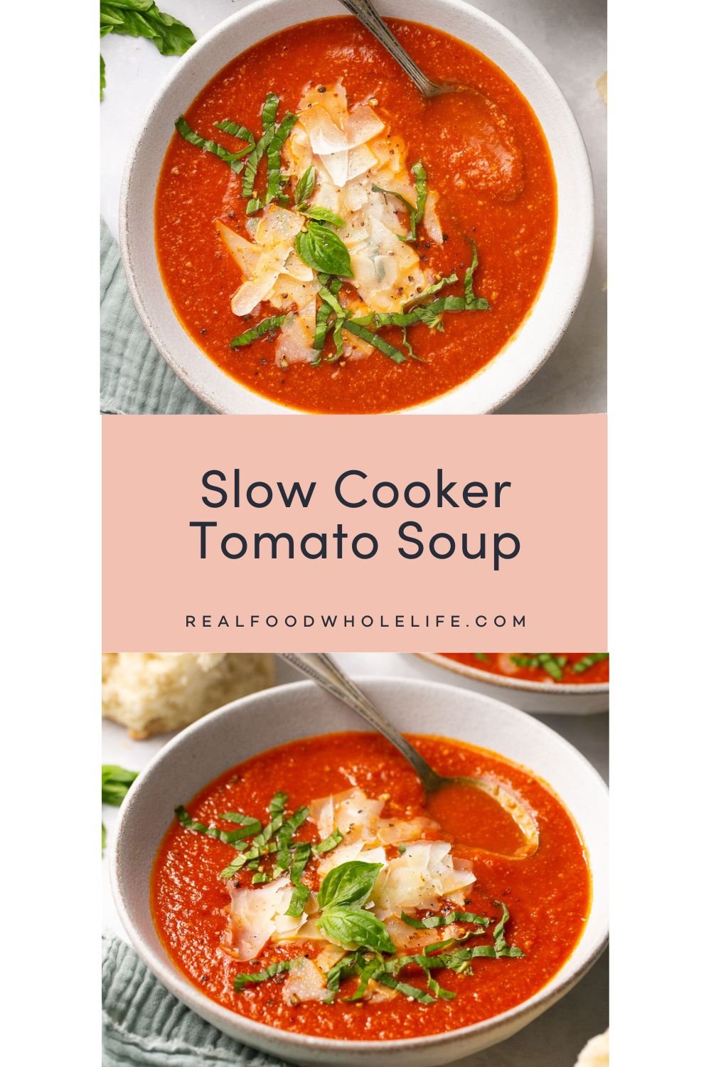 Two images of slow cooker tomato soup topped with parmesan and basil.