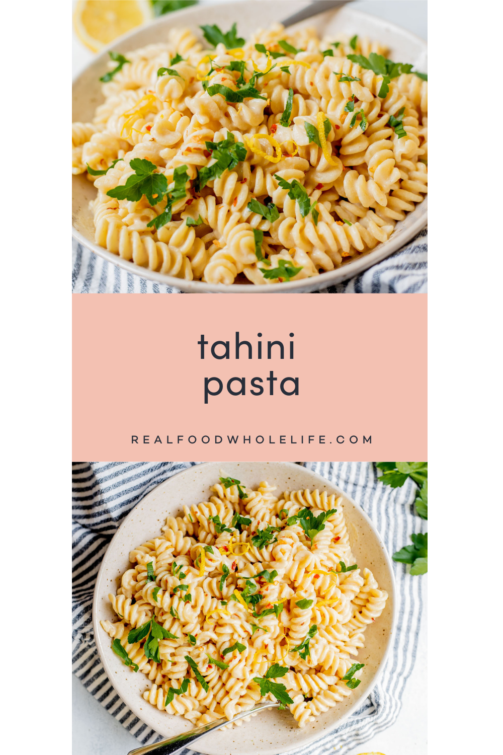 Two images of tahini pasta.
