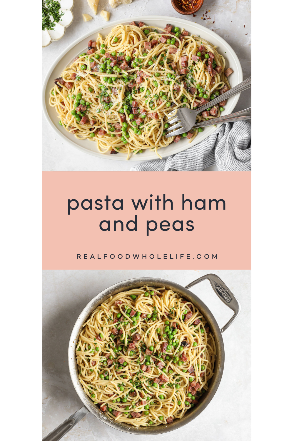 Two images of pasta with ham and peas.