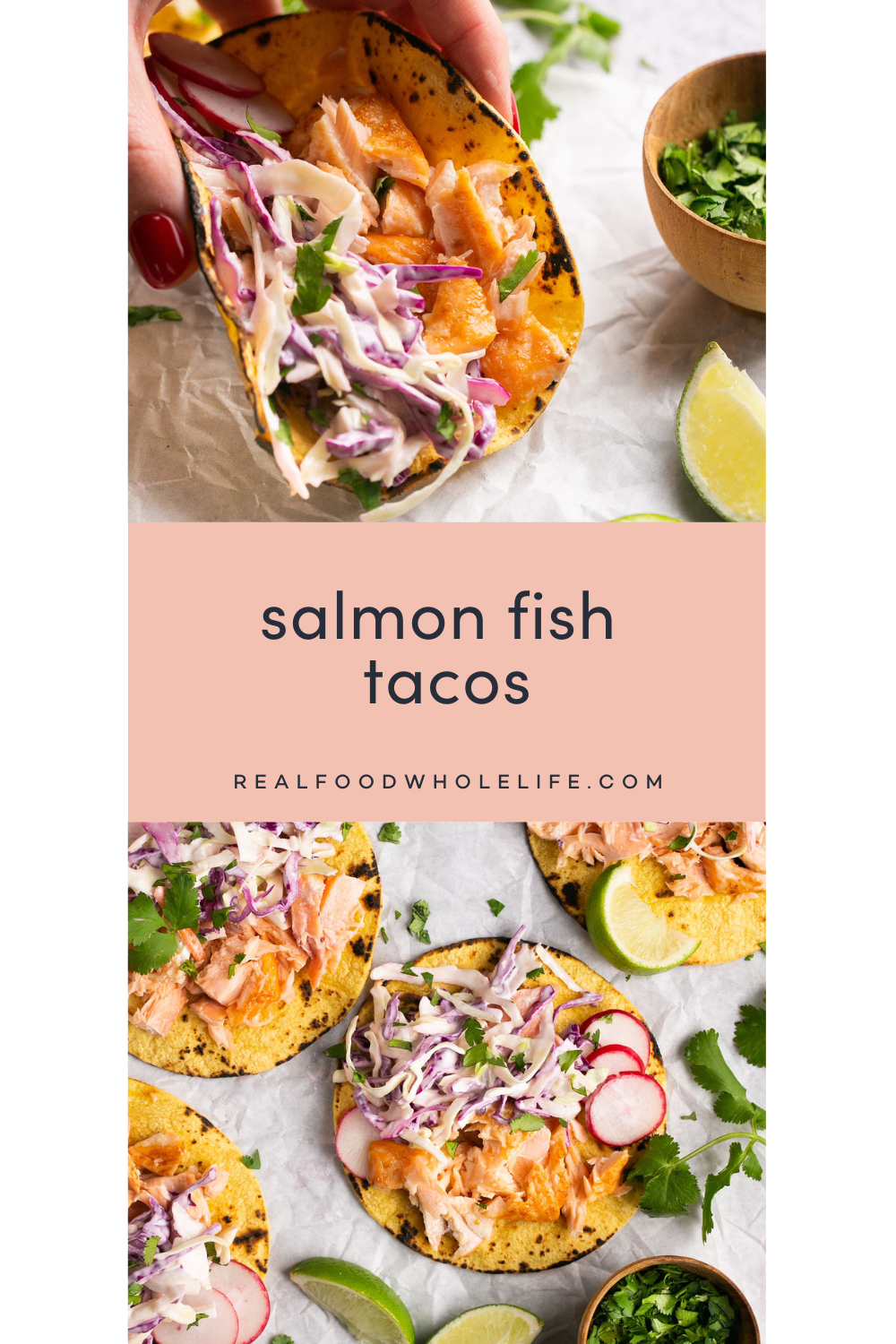 Two images of salmon fish tacos.