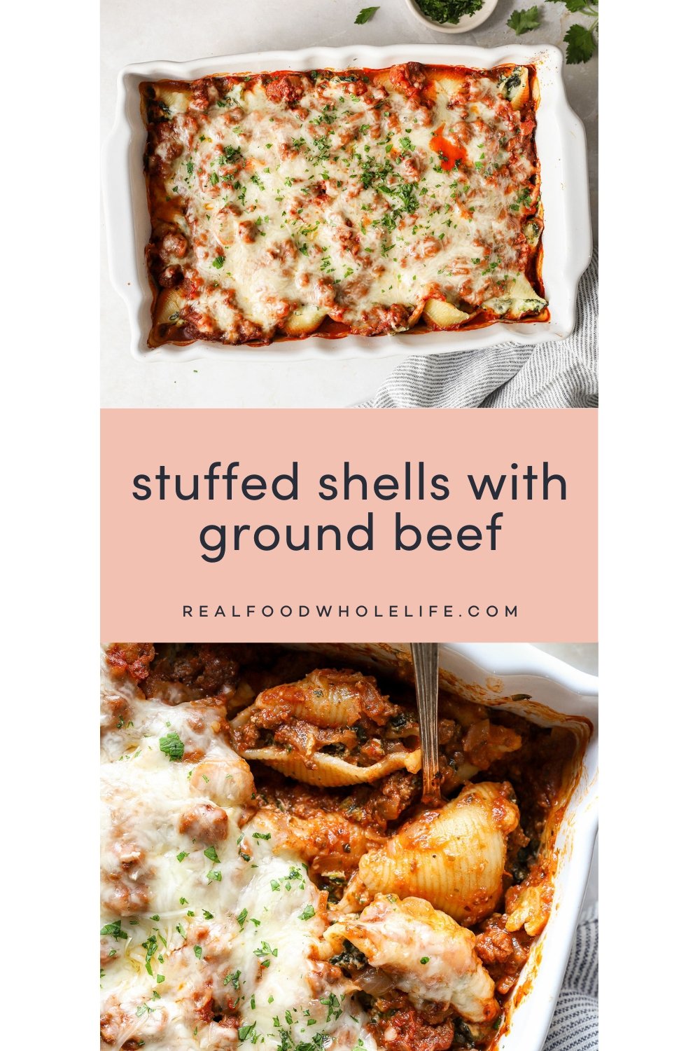 Two images of stuffed shells with ground beef.