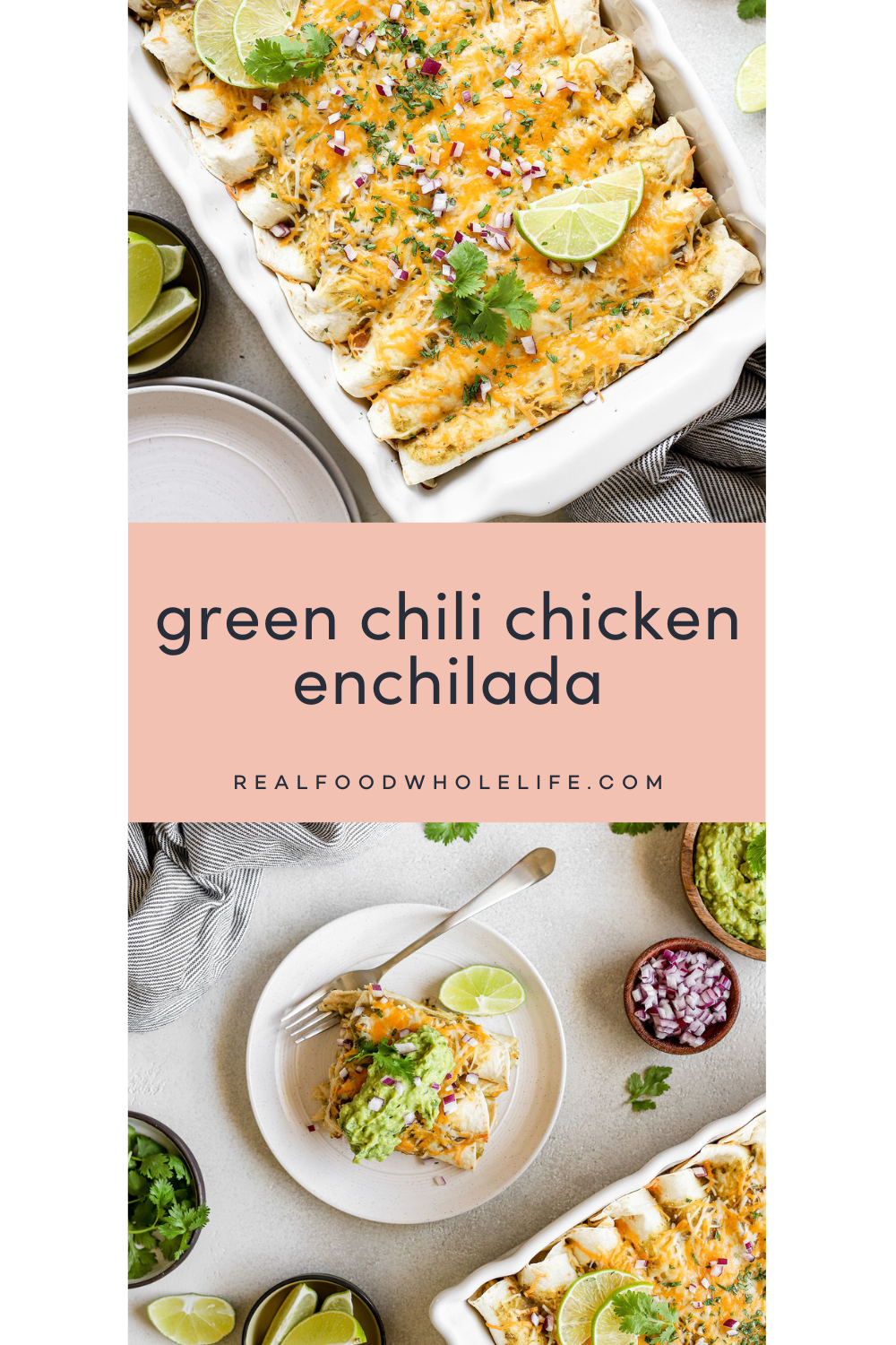 Two images, one of a baked enchilada and the other of a serving of enchilada topped with guacamole on a white plate.