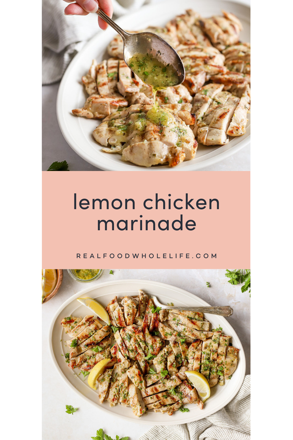 Two images of sliced grilled chicken on an oval plate.