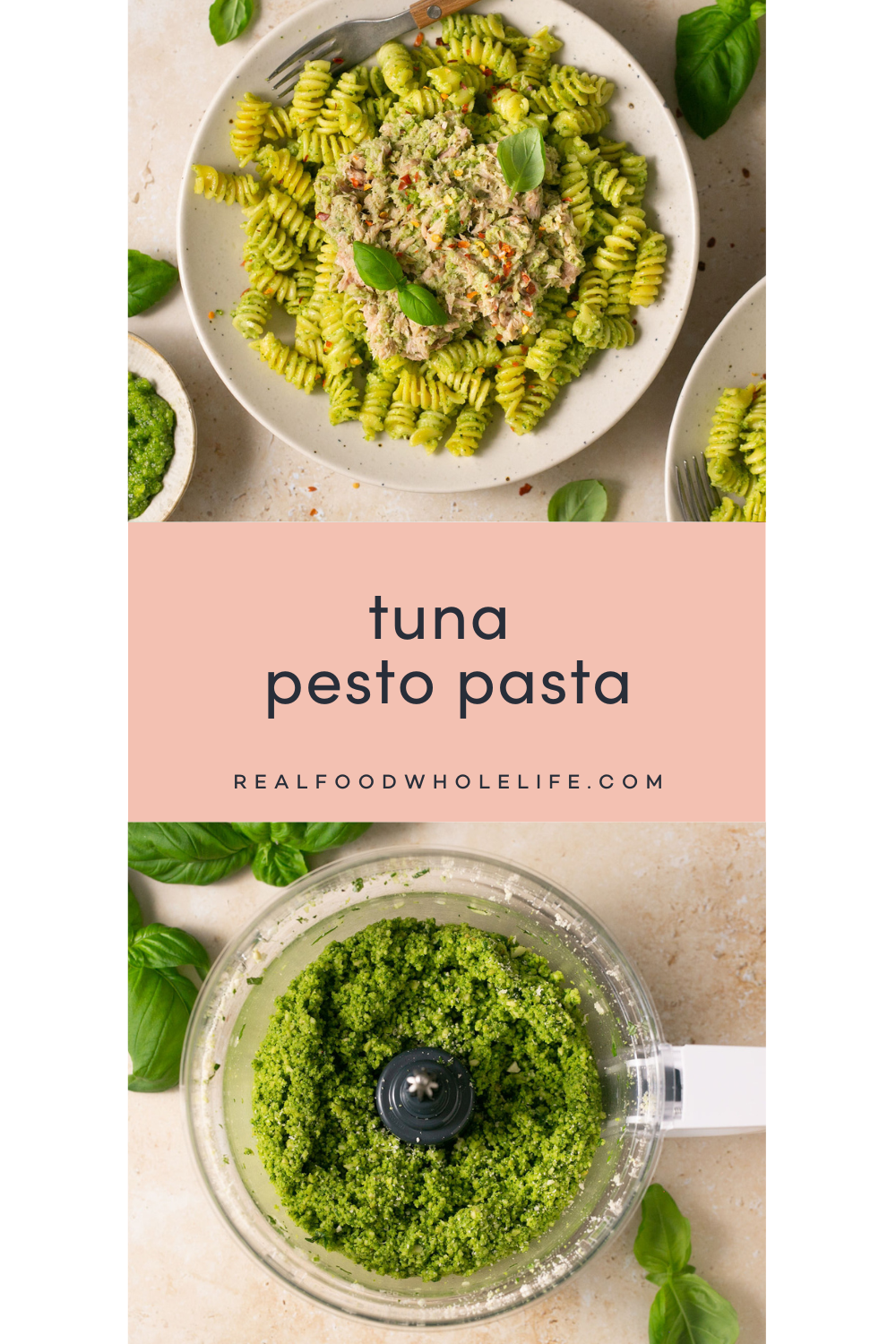 An image of a plate of pesto pasta with tuna and an image of an open food processor with pesto sauce.