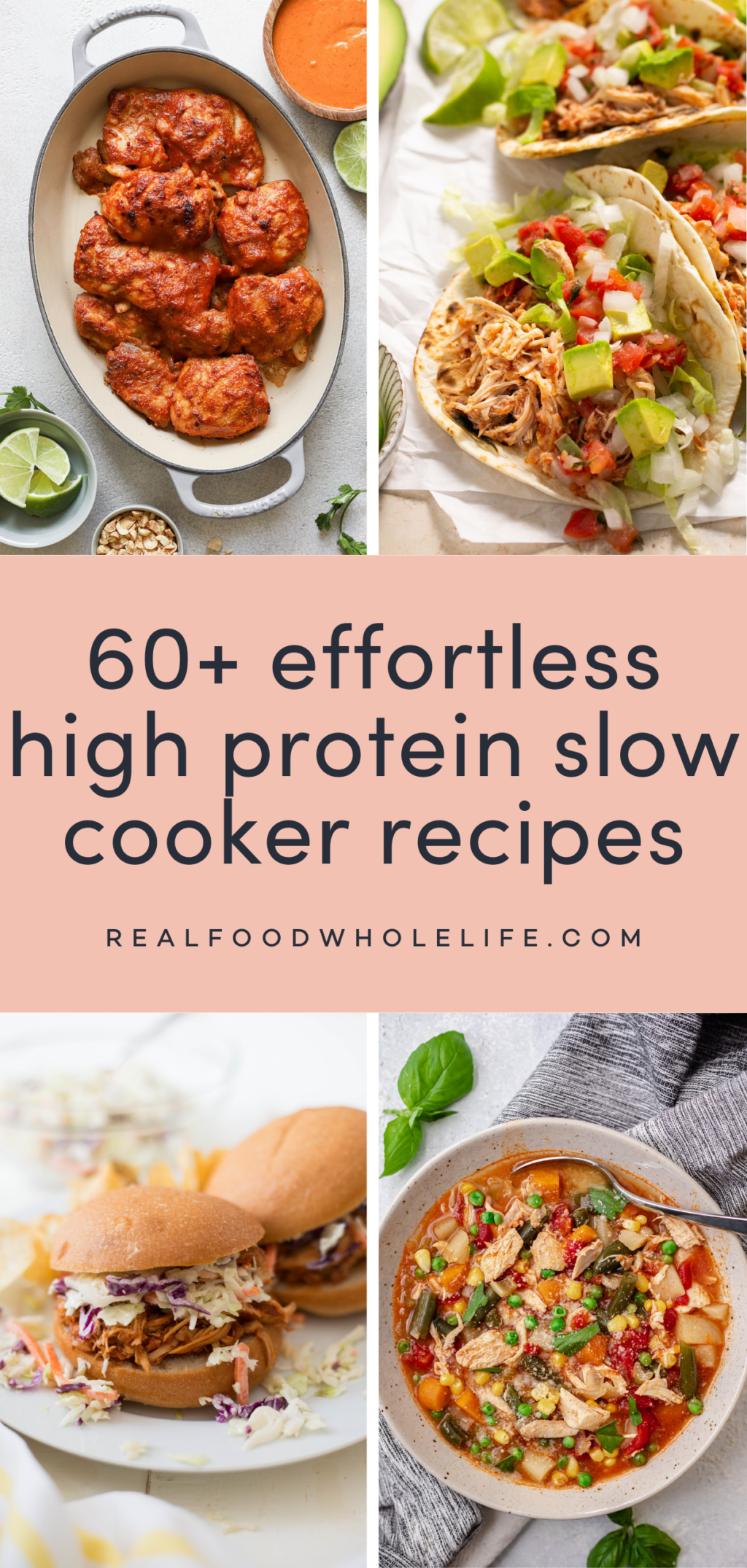 A collage of the following four images: overhead shot of chicken satay, close up shot of chicken tacos, close up shot of shredded chicken sliders, overhead shot of chicken vegetable soup.