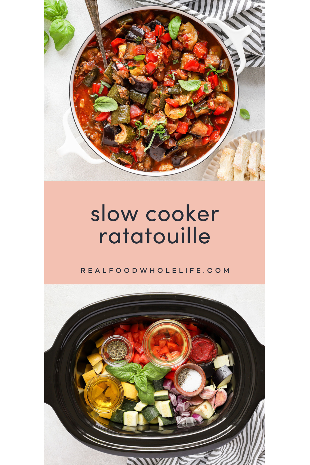 A collage of the following overhead images: a white ceramic pot with ratatouille and a slow cooker with all of the raw ingredients for ratatouille.