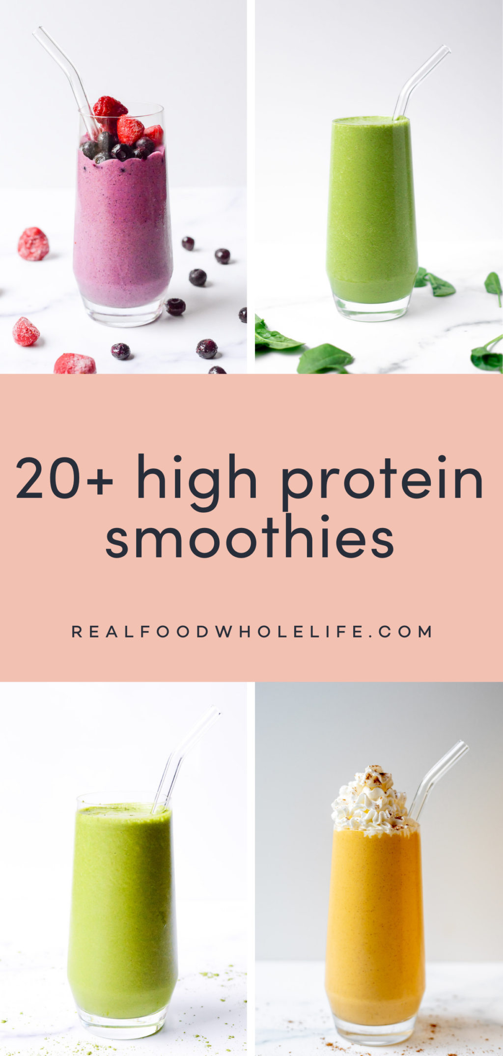 4 image collage of smoothies in a glass cup