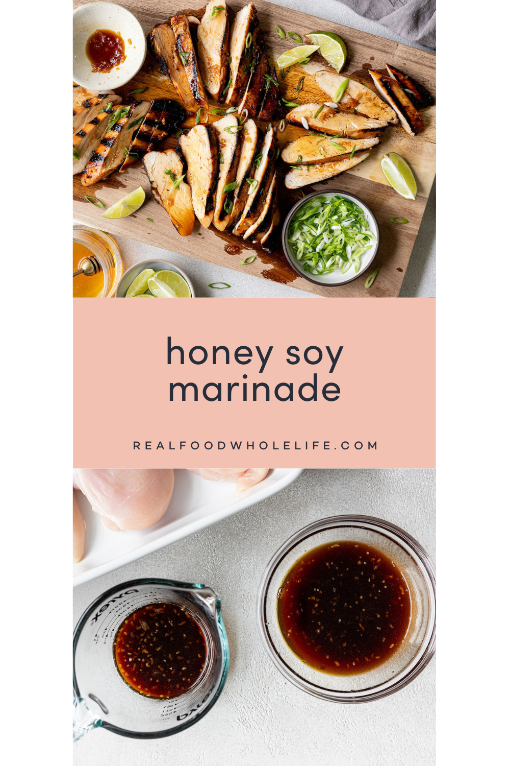 A collage with two images and text that says "honey soy marinade".