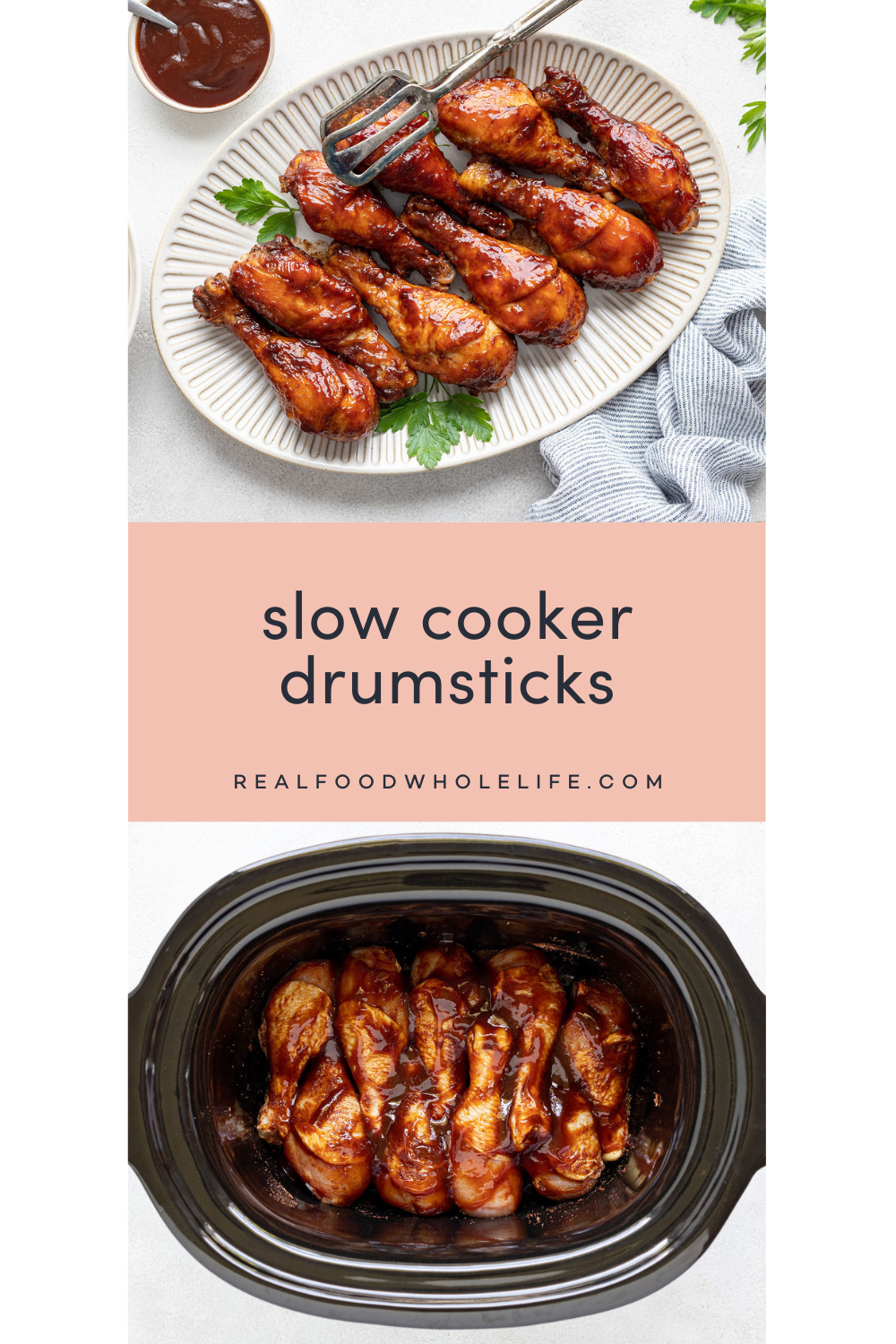 2 image collage of cooked bbq drumsticks.
