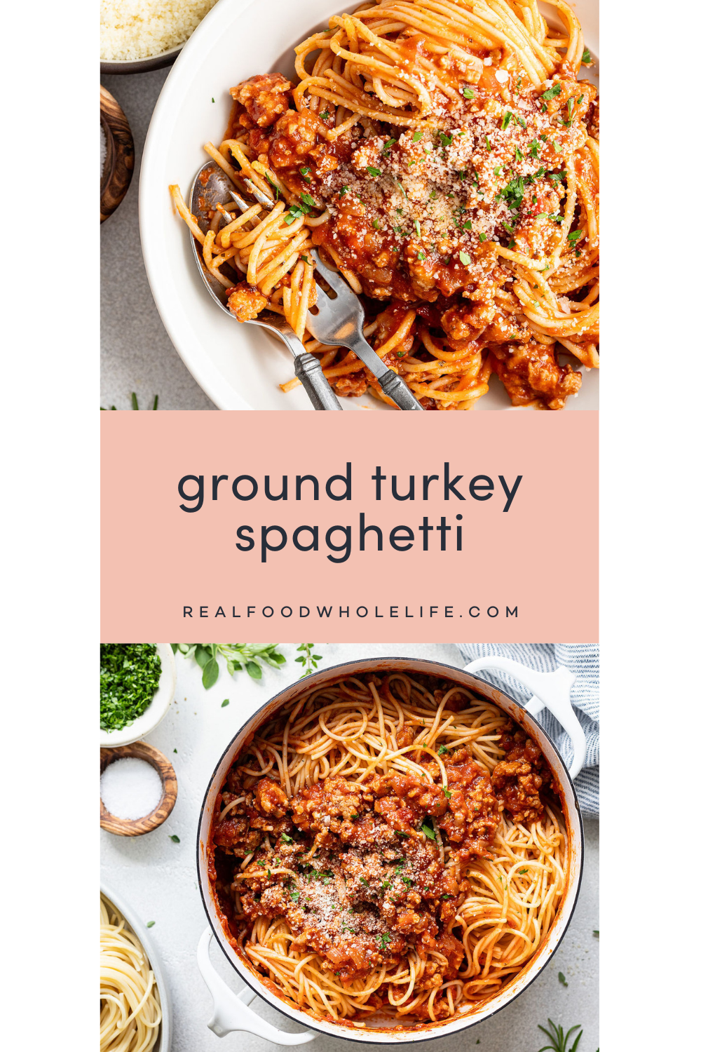 Two image collage of ground turkey spaghetti.