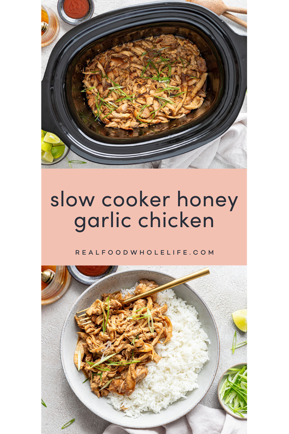 two image collage of chicken in a slow cooker and a bowl of chicken and rice.